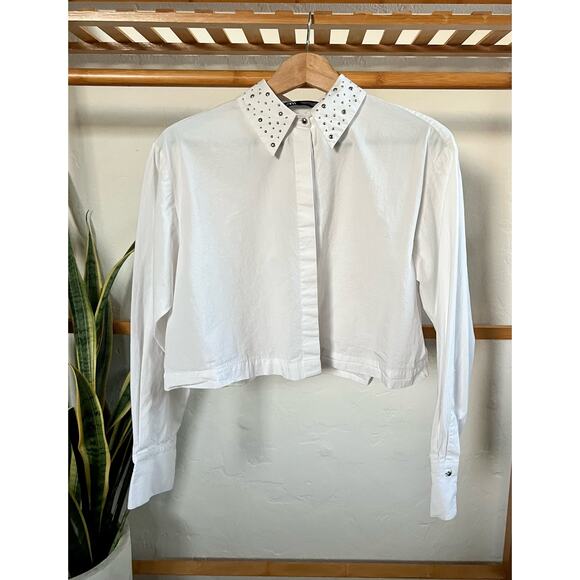 Zara Cropped White Embellished Collar Button Front Top - Picture 8 of 8